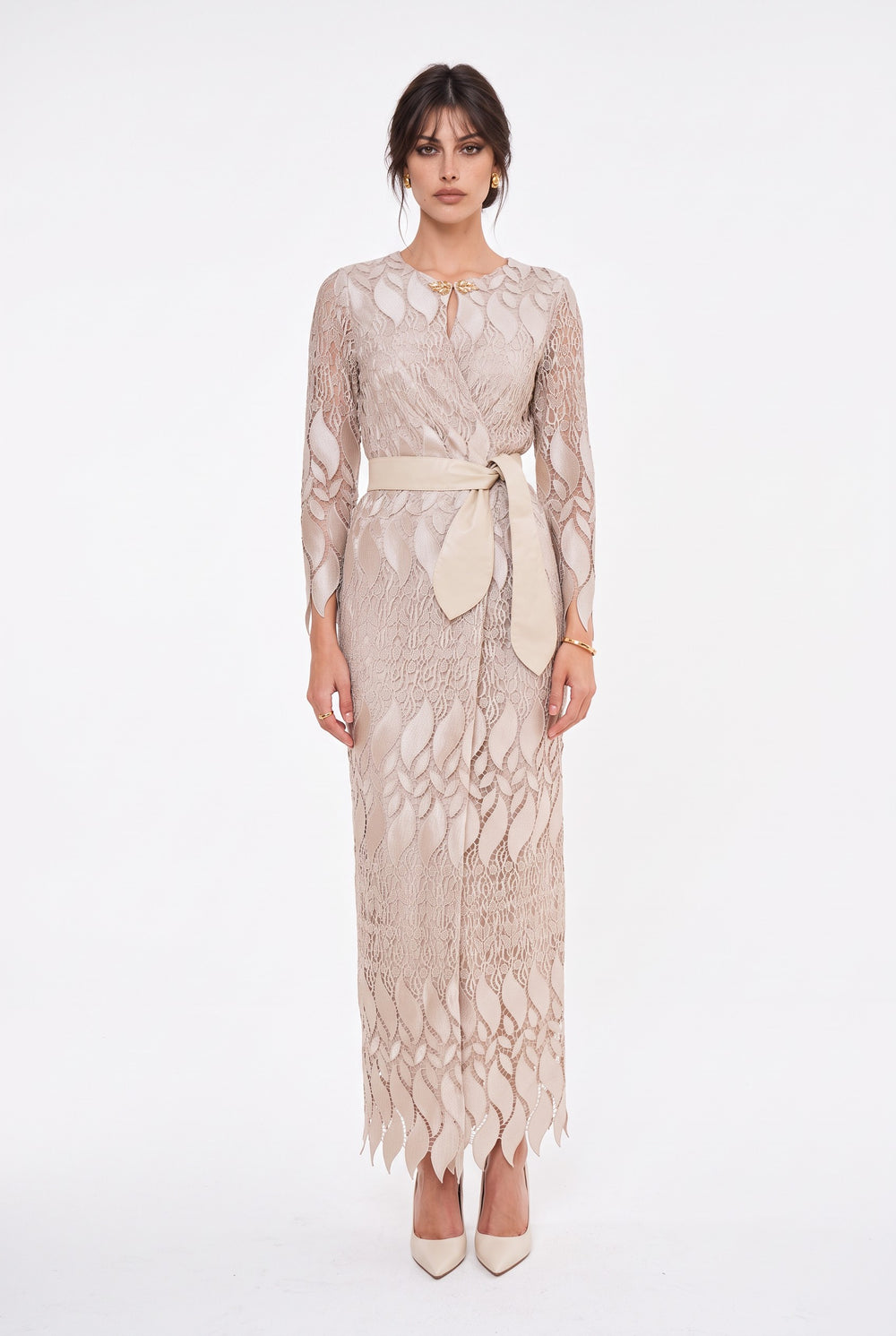 Long Sleeve Wrap Neck Leather Belt Detail Slit Evening Dress Beige