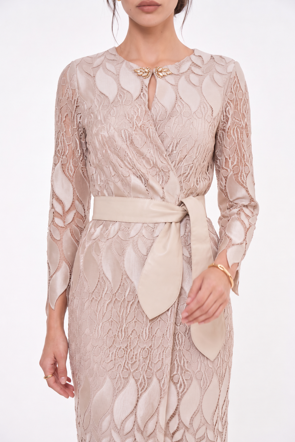 Long Sleeve Wrap Neck Leather Belt Detail Slit Evening Dress Beige