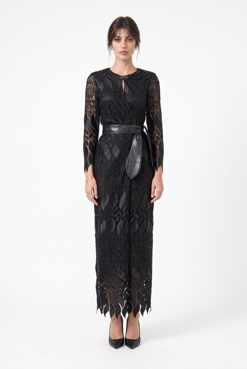 Long Sleeve Surplice Neck Leather Belt Detailed Slit Evening Dress Black