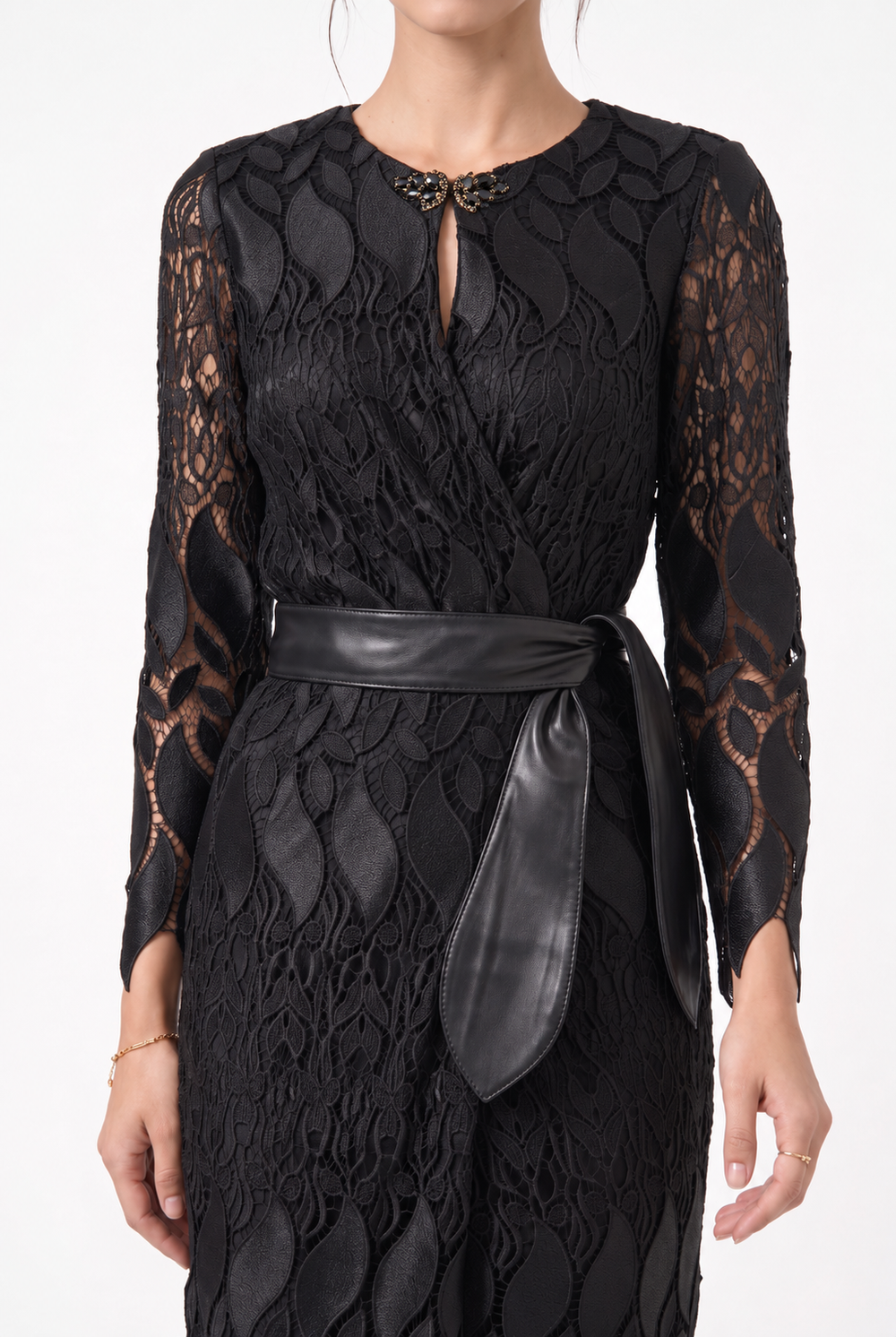 Long Sleeve Surplice Neck Leather Belt Detailed Slit Evening Dress Black