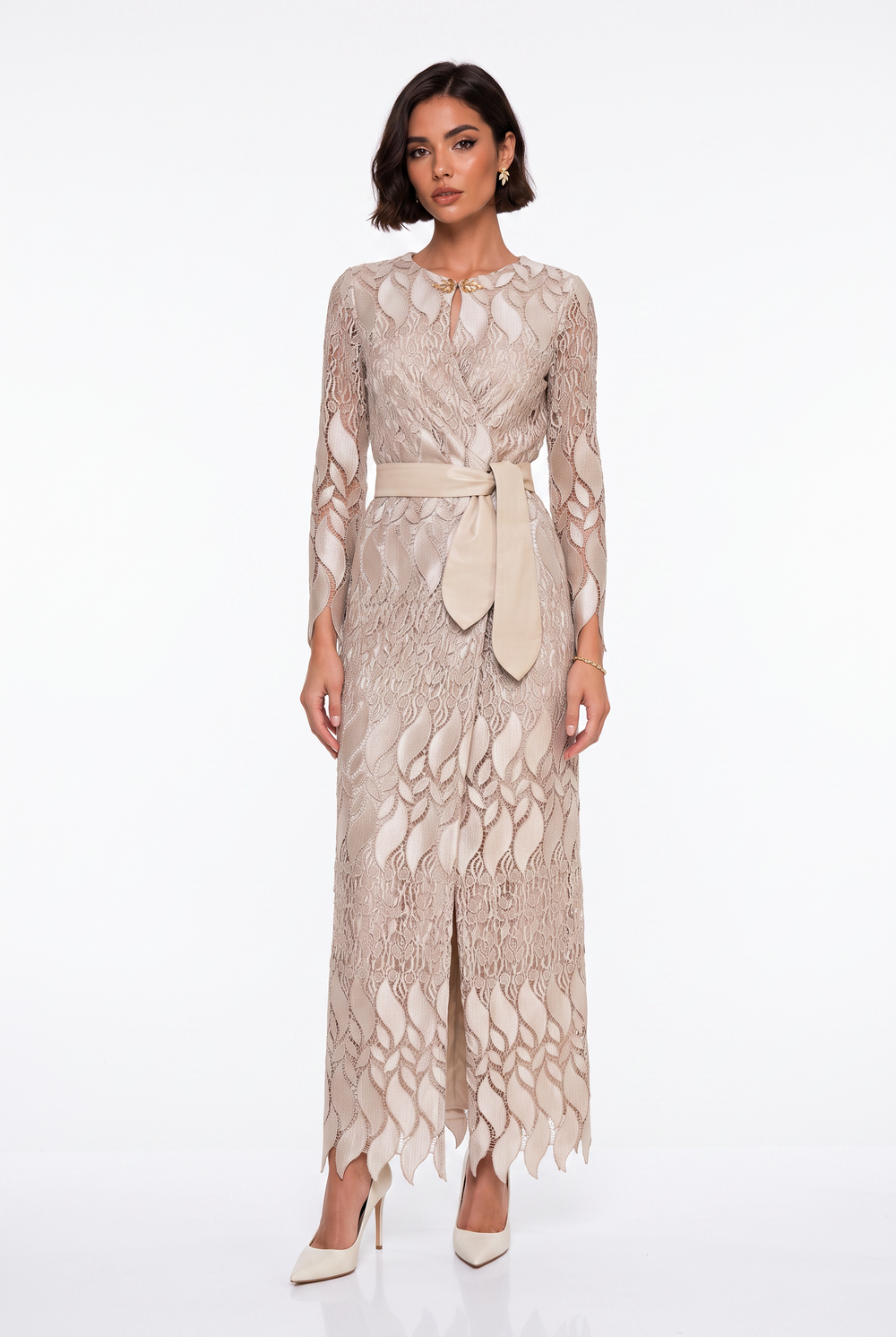 Long Sleeve Wrap Neck Leather Belt Detail Slit Evening Dress Beige