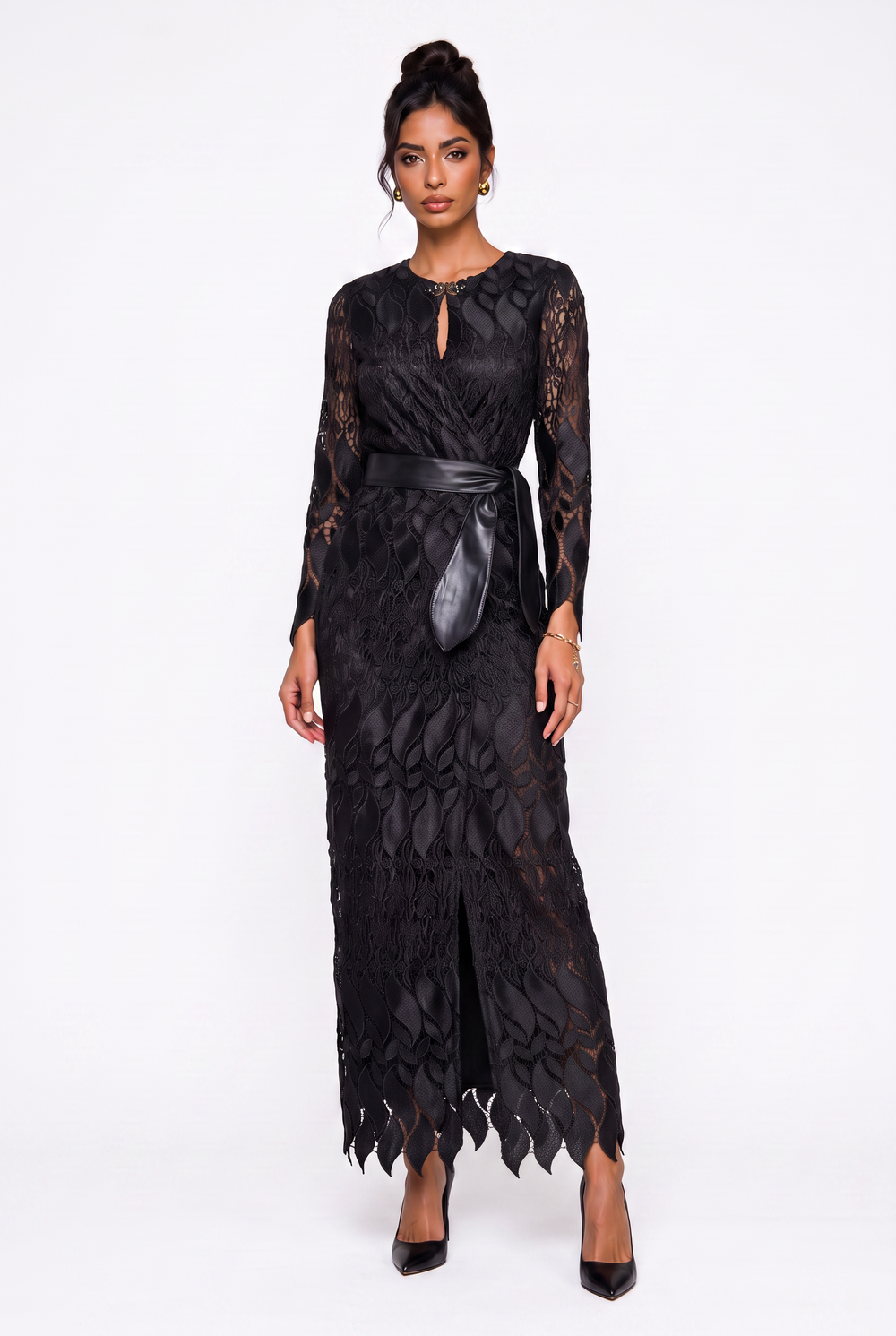 Long Sleeve Surplice Neck Leather Belt Detailed Slit Evening Dress Black