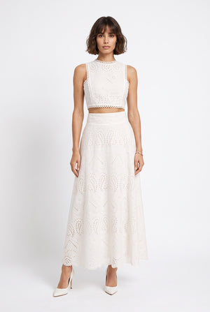 Embroidered Eyelet Crop Top & Maxi Skirt Set White