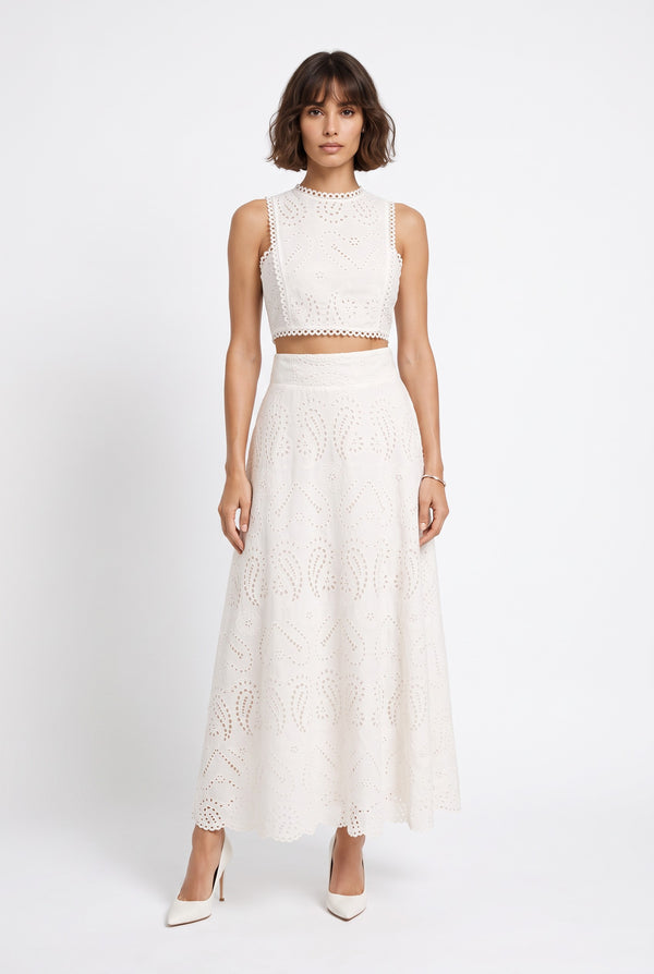 Embroidered Eyelet Crop Top & Maxi Skirt Set White