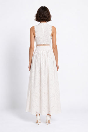 Embroidered Eyelet Crop Top & Maxi Skirt Set White