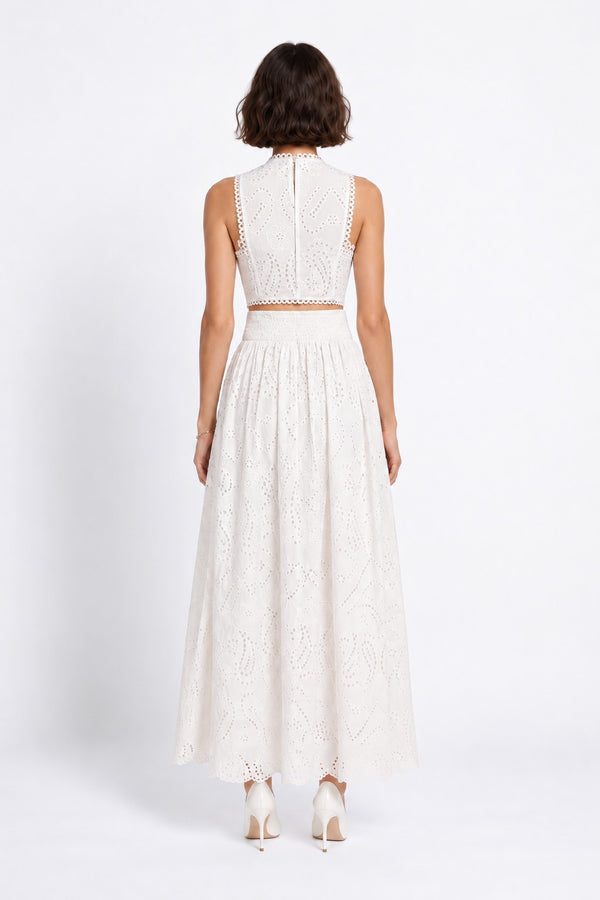 Embroidered Eyelet Crop Top & Maxi Skirt Set White