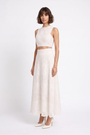 Embroidered Eyelet Crop Top & Maxi Skirt Set White