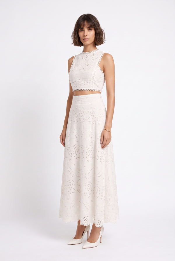 Embroidered Eyelet Crop Top & Maxi Skirt Set White