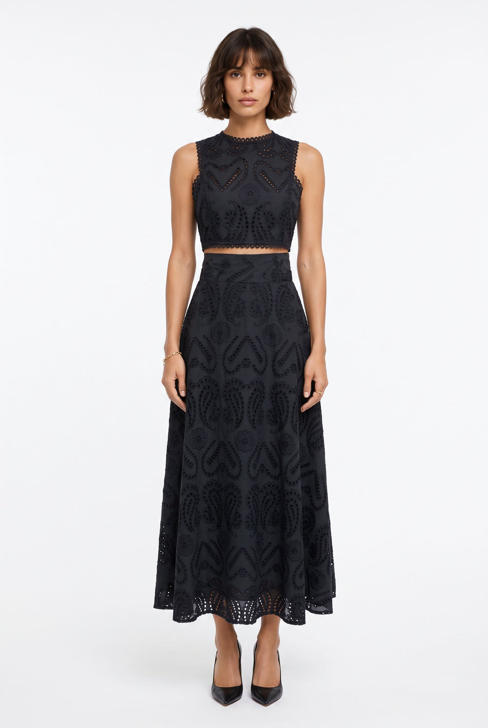 Embroidered Eyelet Crop Top & Maxi Skirt Set Black