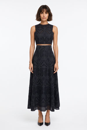 Embroidered Eyelet Crop Top & Maxi Skirt Set Black