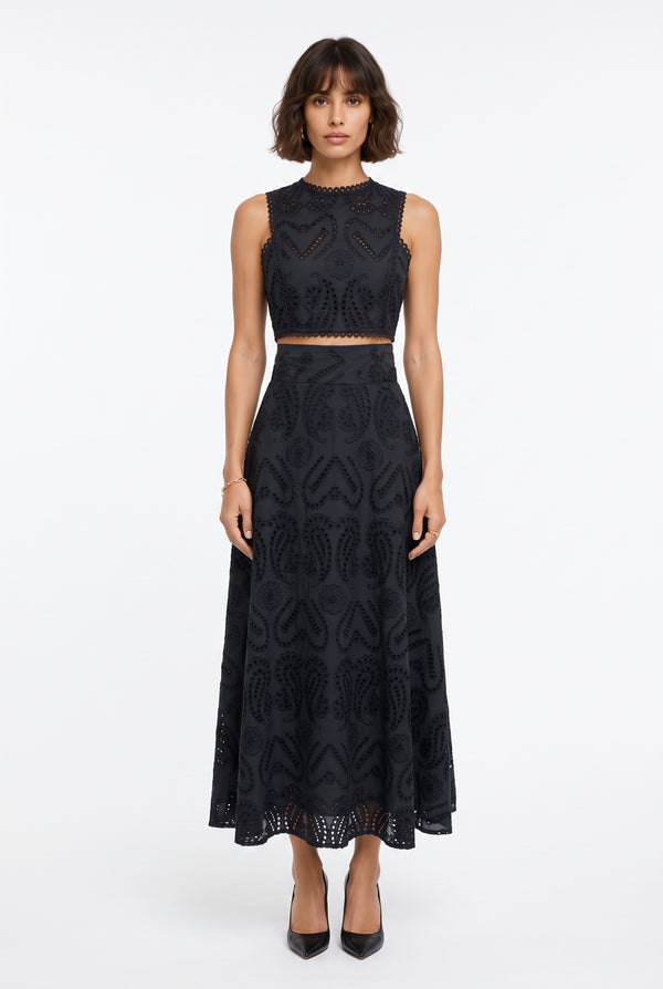 Embroidered Eyelet Crop Top & Maxi Skirt Set Black