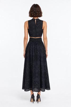 Embroidered Eyelet Crop Top & Maxi Skirt Set Black