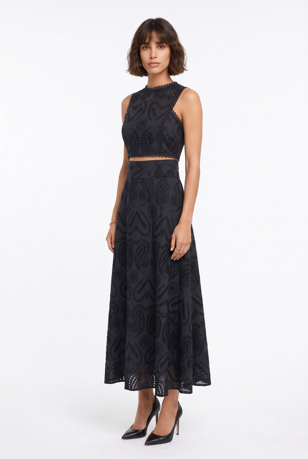 Embroidered Eyelet Crop Top & Maxi Skirt Set Black
