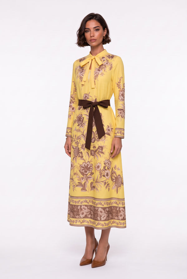 Halter Neck Patterned Belted Dress Yellow