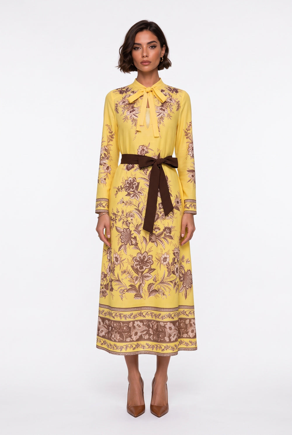 Halter Neck Patterned Belted Dress Yellow
