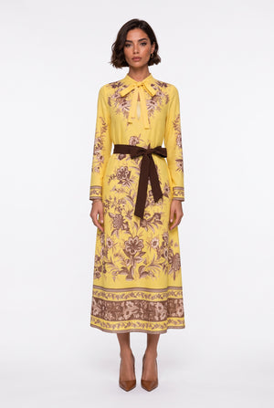 Halter Neck Patterned Belted Dress Yellow