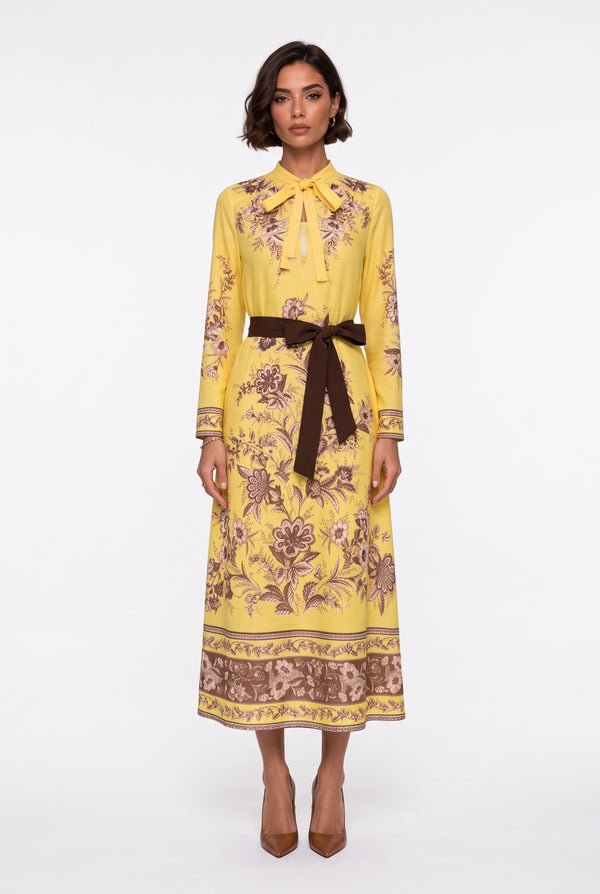 Halter Neck Patterned Belted Dress Yellow