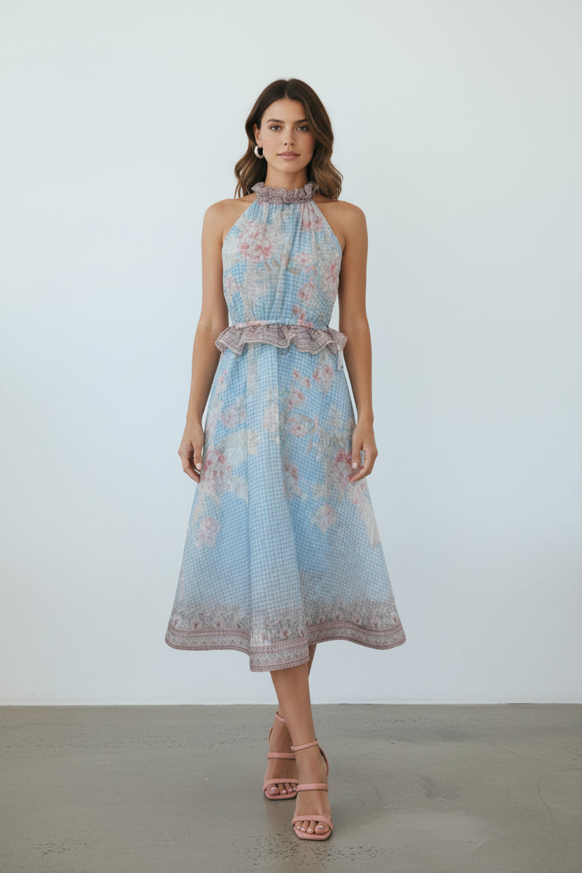 Halter Yaka Çiçek Desen Midi Elbise Mint