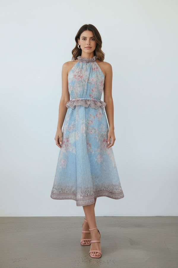 Halter Yaka Çiçek Desen Midi Elbise