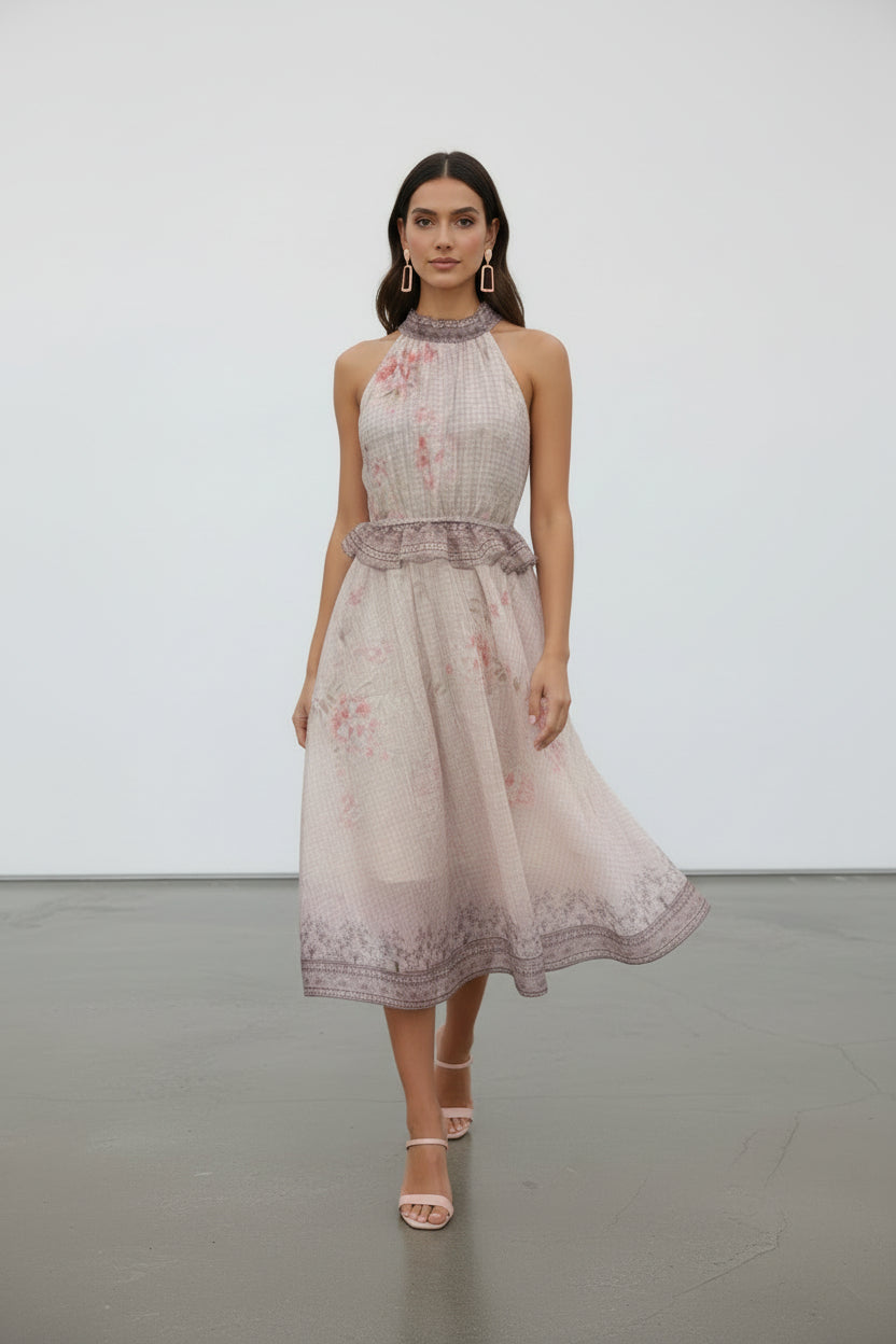 Halter Yaka Çiçek Desen Midi Elbise - görsel 1