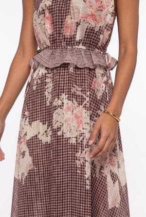 Halter Neck Floral Print Midi Dress Brown