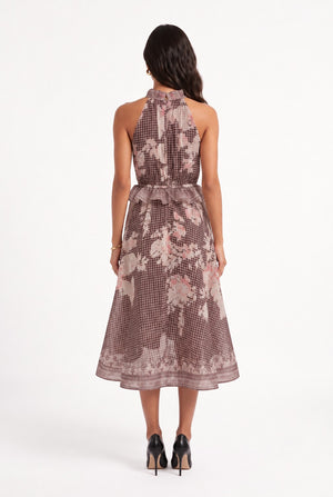 Halter Neck Floral Print Midi Dress Brown