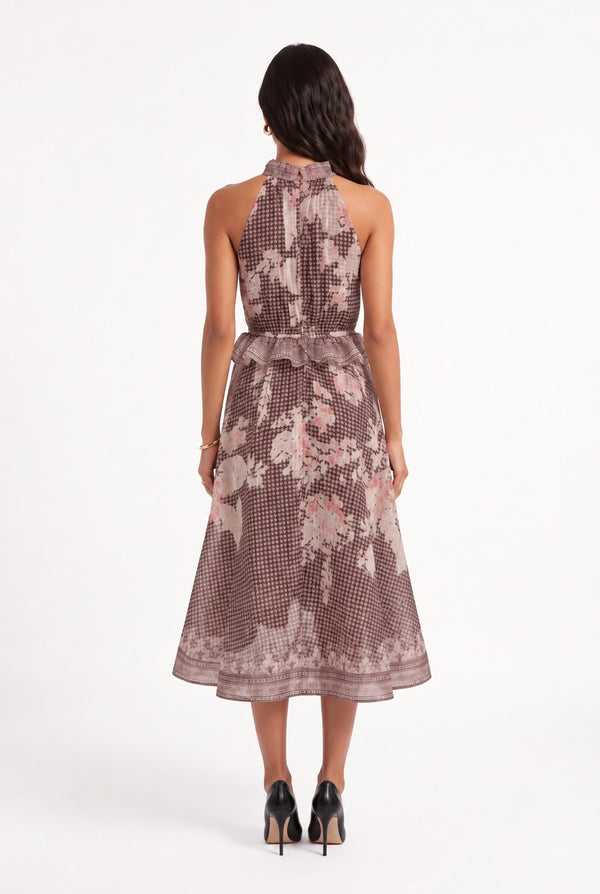 Halter Neck Floral Print Midi Dress Brown