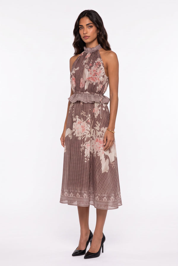 Halter Neck Floral Print Midi Dress Brown