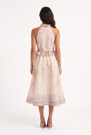 Halter Neck Floral Print Midi Dress Powder