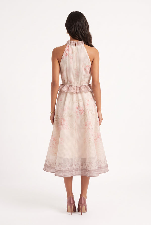 Halter Neck Floral Print Midi Dress Powder