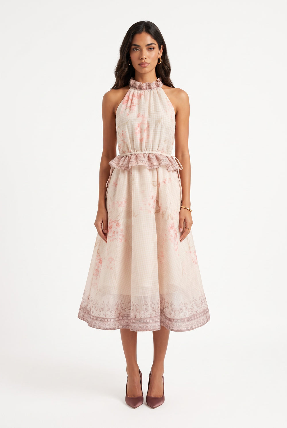 Halter Neck Floral Print Midi Dress Powder
