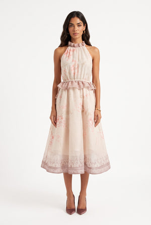 Halter Neck Floral Print Midi Dress Powder