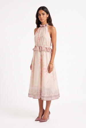 Halter Neck Floral Print Midi Dress Powder