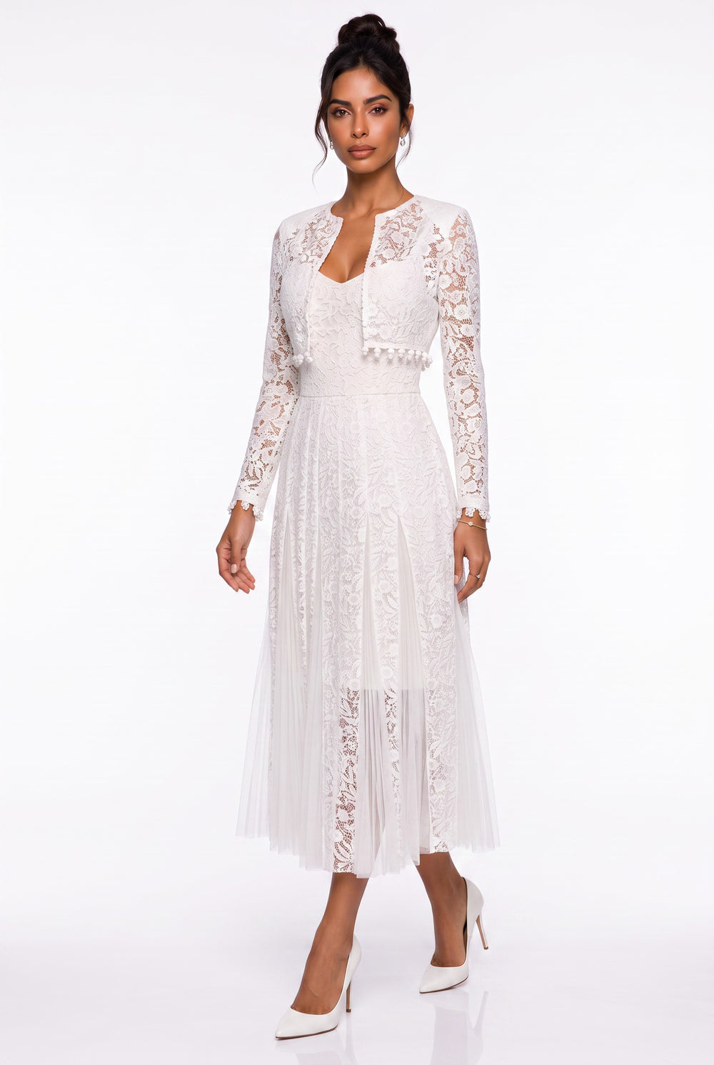 Ecru Tulle Detail Dress with Detachable Jacket