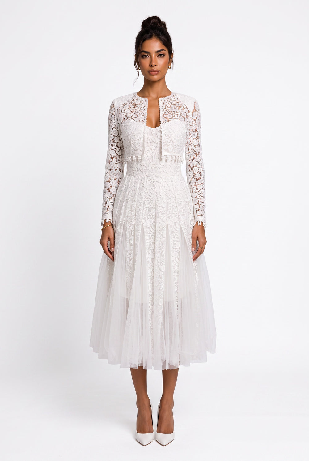 Ecru Tulle Detail Dress with Detachable Jacket
