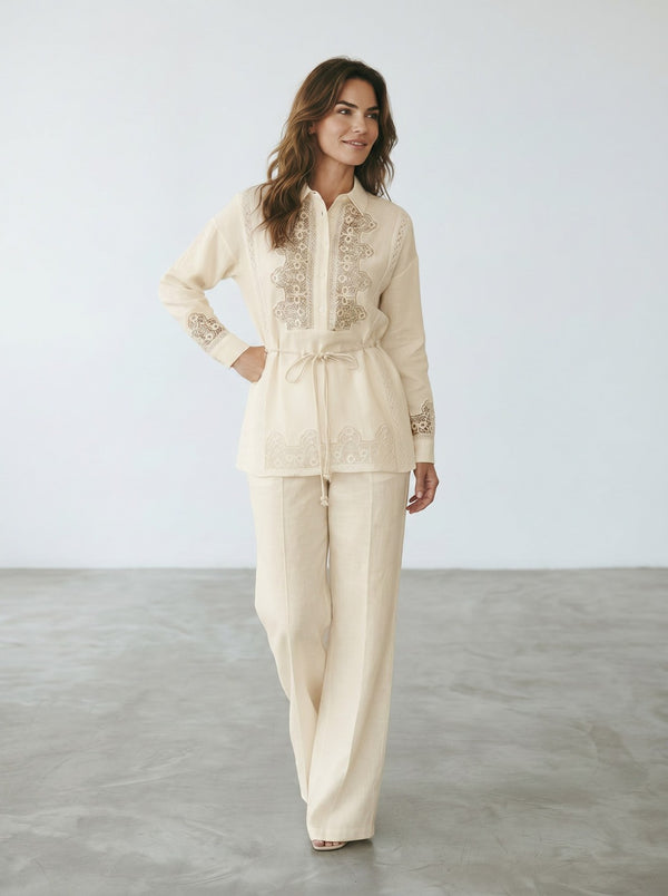 Kuşaklı Keten Tunik & Pantolon Takımı EKRU