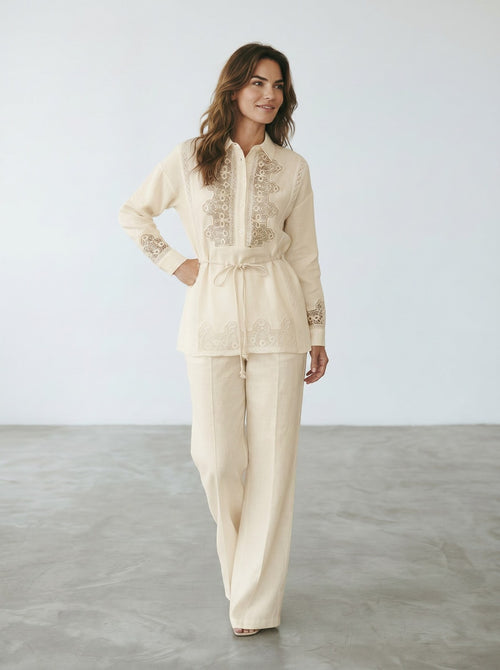 Kuşaklı Keten Tunik & Pantolon Takımı TEREYAĞ