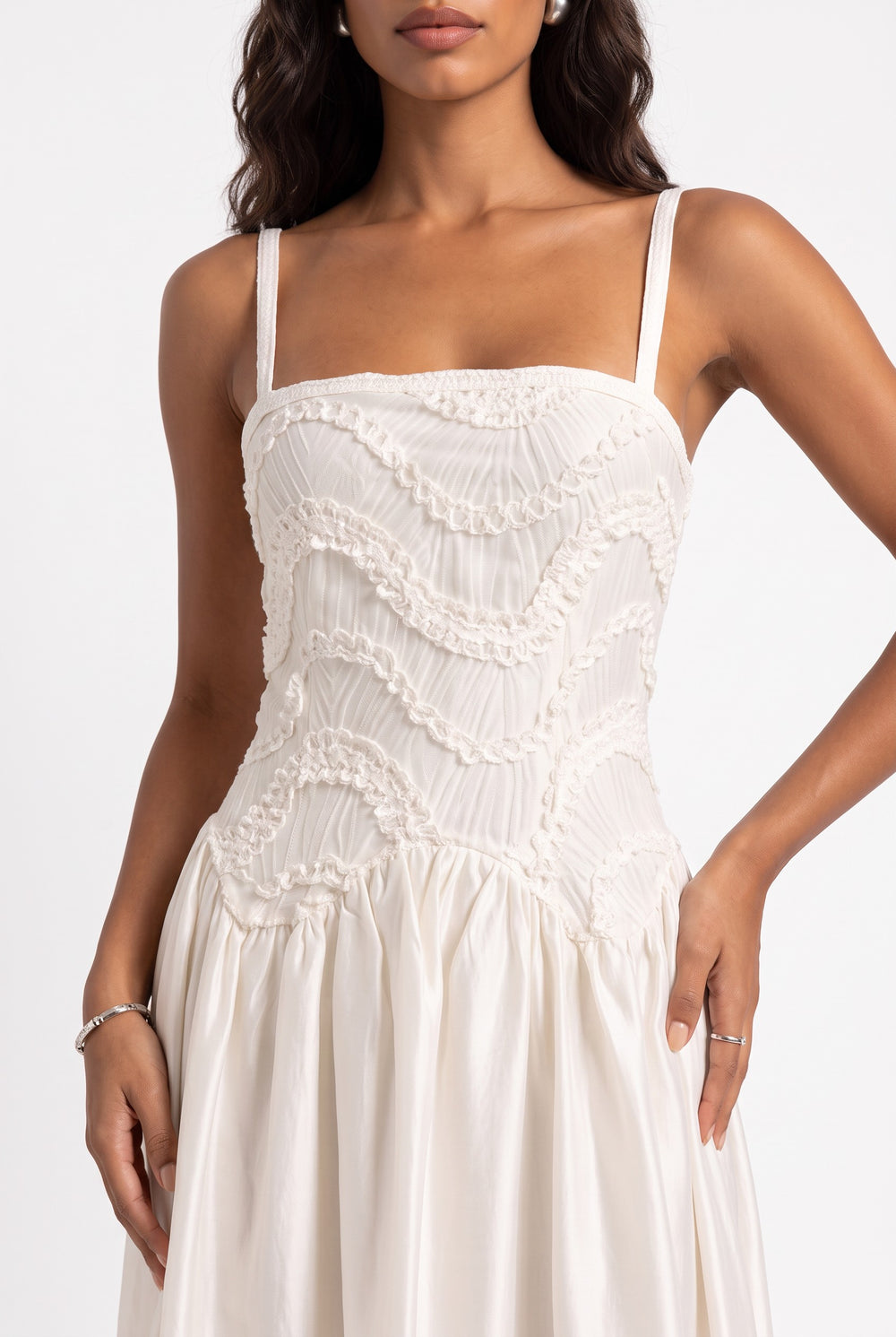 Embroidered Crinkle Fabric Strappy Midi Dress Ecru