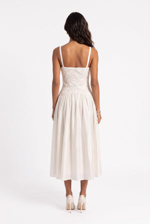 Embroidered Crinkle Fabric Strappy Midi Dress Ecru