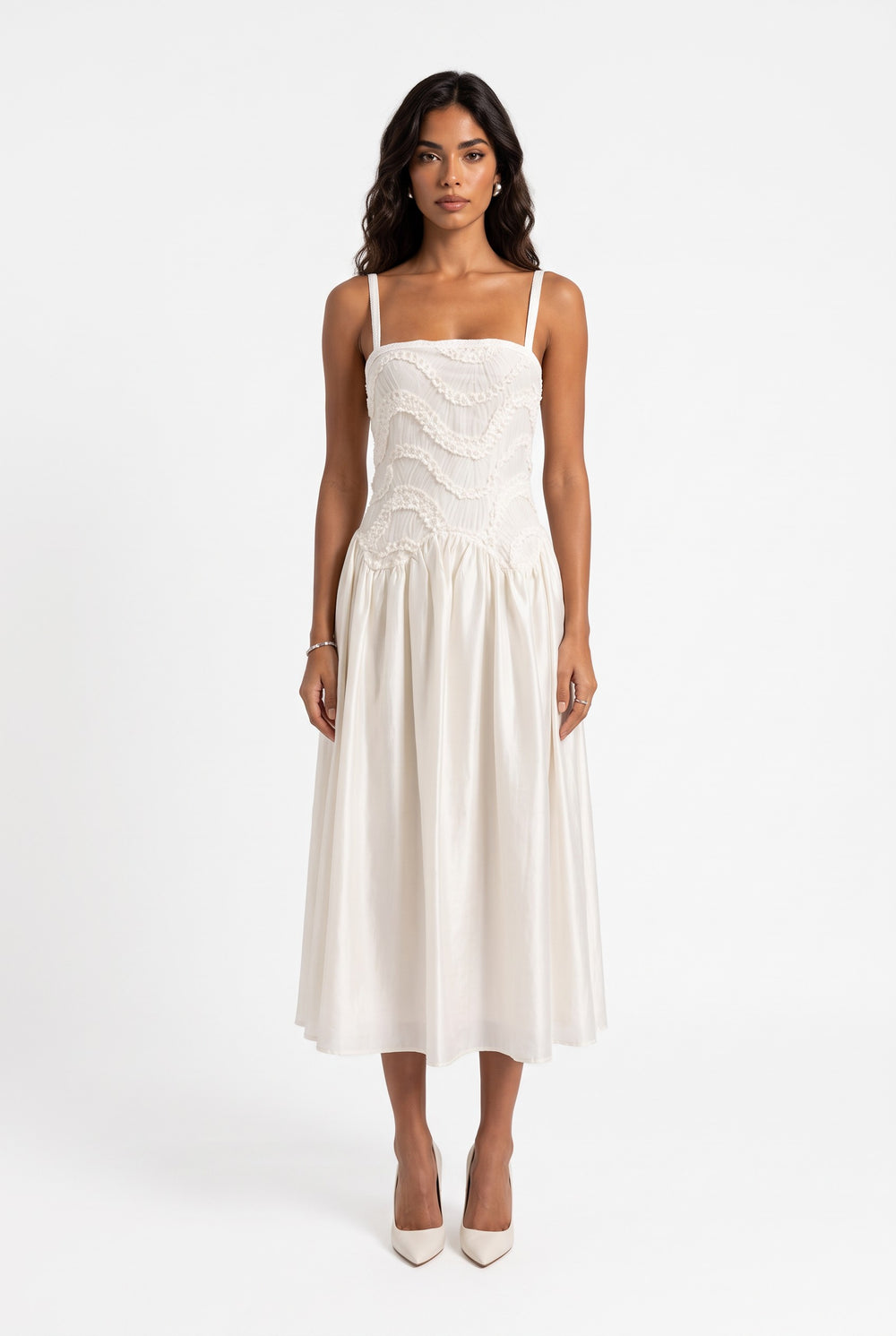 Embroidered Crinkle Fabric Strappy Midi Dress Ecru