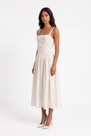 Embroidered Crinkle Fabric Strappy Midi Dress Ecru