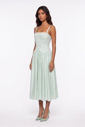 Embroidered Crinkled Fabric Midi Dress with Straps Mint