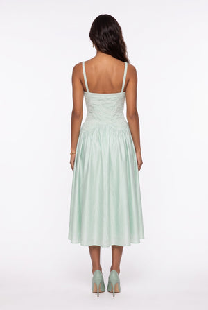 Embroidered Crinkled Fabric Midi Dress with Straps Mint