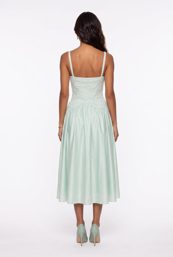 Embroidered Crinkled Fabric Midi Dress with Straps Mint