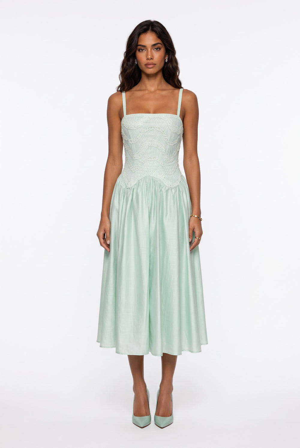 Embroidered Crinkled Fabric Midi Dress with Straps Mint