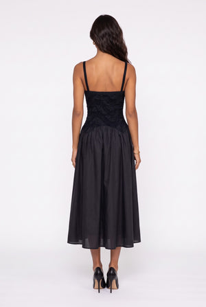 Embroidered Crinkled Fabric Strappy Midi Dress Black