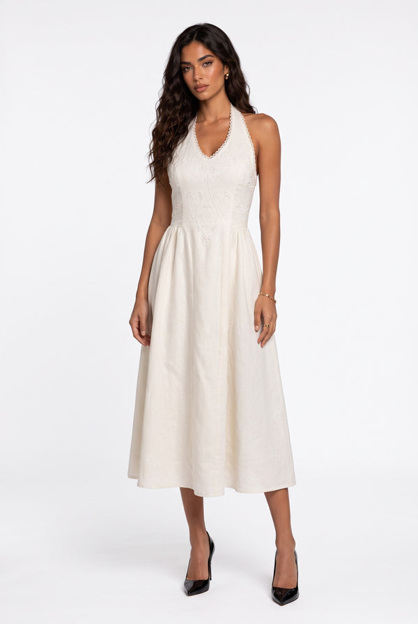 Halter Neck Lace Detail Midi Dress White