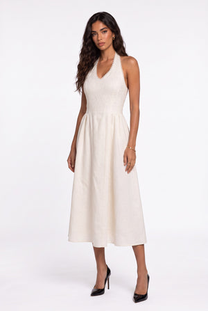 Halter Neck Lace Detail Midi Dress White
