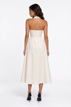 Halter Neck Lace Detail Midi Dress White