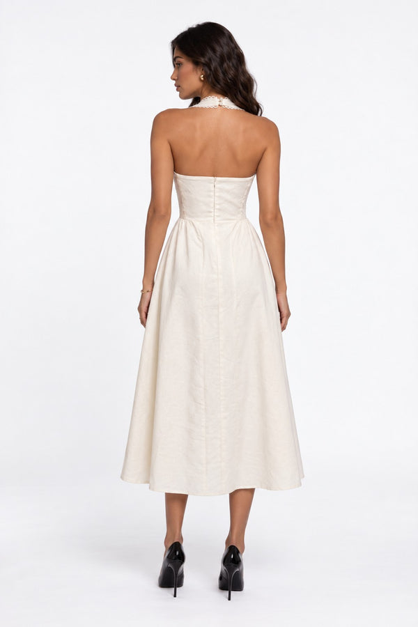 Halter Neck Lace Detail Midi Dress White